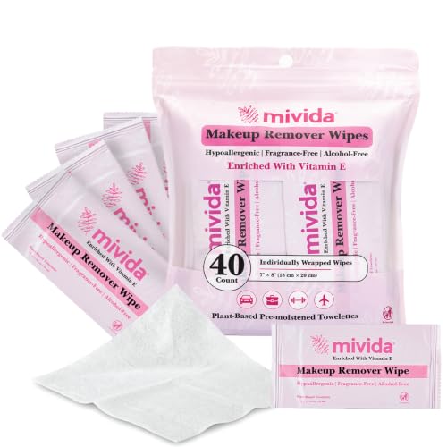 Mivida Fragrance-Free Hypoallergenic Makeup Wipes 40 Count - Gentle Face Cleanser for Sensitive Skin, Vitamin E, Individually Wrapped