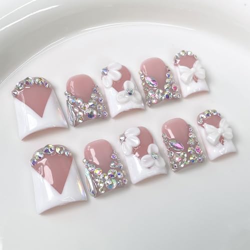 Medium Duck Press on Nails - French White Nude Handmade Rhinestone Nails