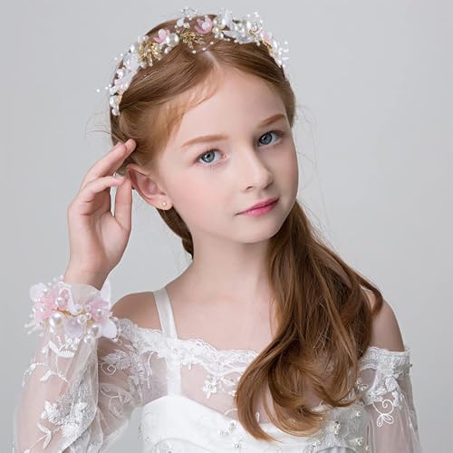 LAPOHI Bridal Flower Crown and Wrist Corsage Set with Pearl and Rhinestones