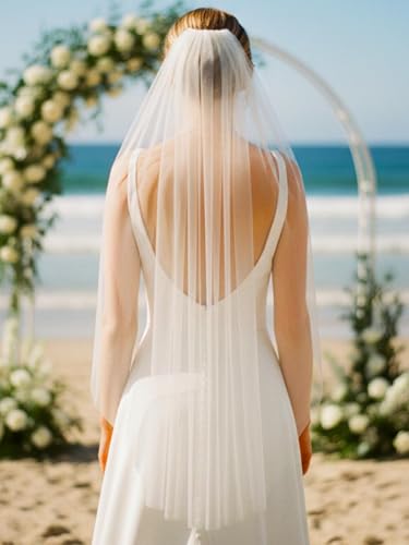 White Long Fingertip Bridal Tulle Veil with Comb for Brides