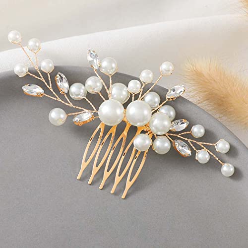 Gold Pearl Hair Comb with Rhinestones for Brides - T-Gold