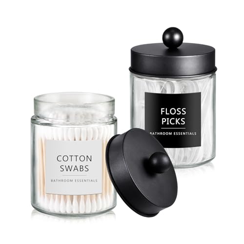 SheeChung Glass Qtip Holder Set with Black Stainless Steel Lids