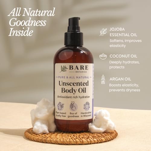 BARE BOTANICS Unscented Body Oil - Natural Moisturizer for Skin, Hair & Nails