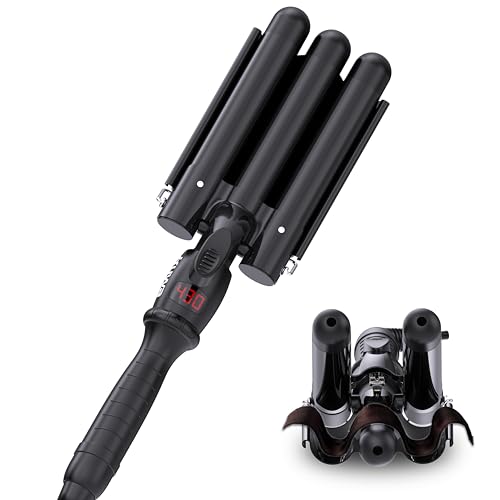 Kuwa Black 3-Barrel Curling Iron for Beach Waves & Curls, LCD Temp Display