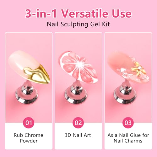 BQAN 3D Nail Gel Kit - No-Wipe Sculpting Gel with Chrome Powder