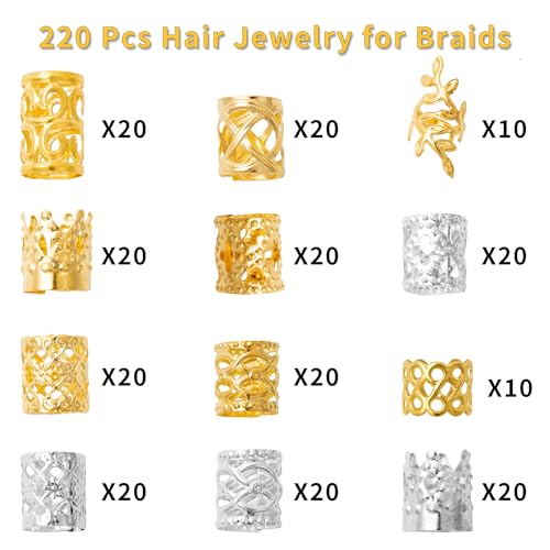 220 Pcs Gold & Silver Hair Jewelry for Braids & Dreadlocks