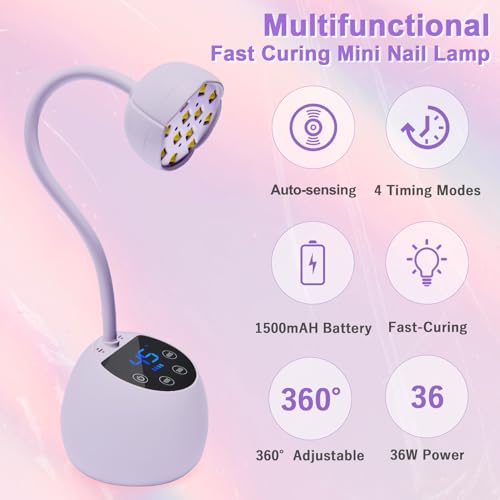 CGBE Purple UV LED Nail Lamp 36W Mini Cordless Gel Curing Light for Nails