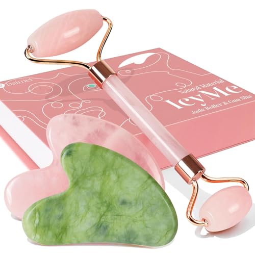 BAIMEI Facial Massage Set with Rose Quartz Roller & Jade Gua Sha - Skin Care Tools for Face & Neck