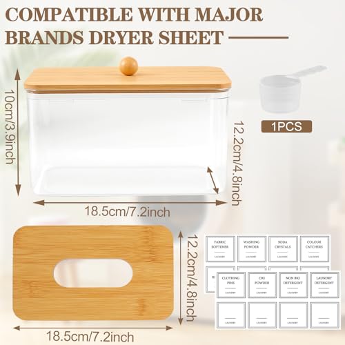 Clear Dryer Sheet Holder with Bamboo Lid & Labels - 2-in-1 Dispenser