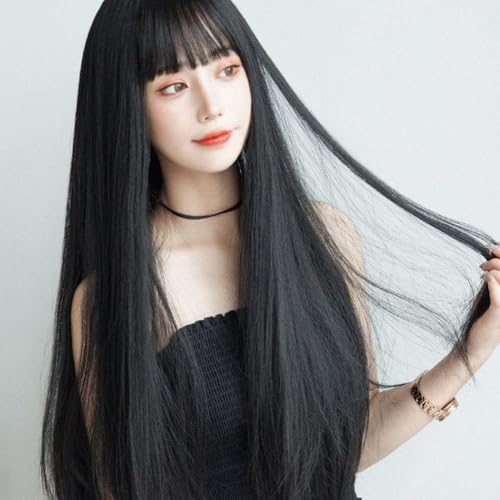 MaitianGuyou Women's Natural Black Long Straight Hair Wig with Air Bangs - Heat-Resistant Synthetic Topper 70cm