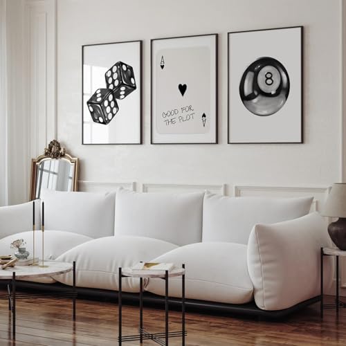 8 Ball Canvas Wall Art Set - Unframed Black & White Prints (12x16 in, 3 pcs)