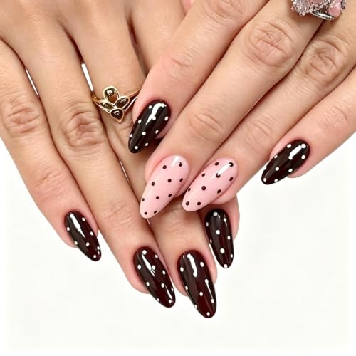 Tiwnefua 144Pcs 6 Styles Polka Dot Press On Nails Medium Almond French Tip