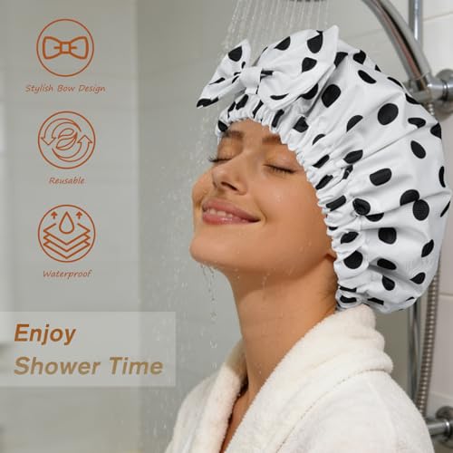 TUVATU Waterproof Shower Cap for Women with Cute Bow, Reusable & Washable