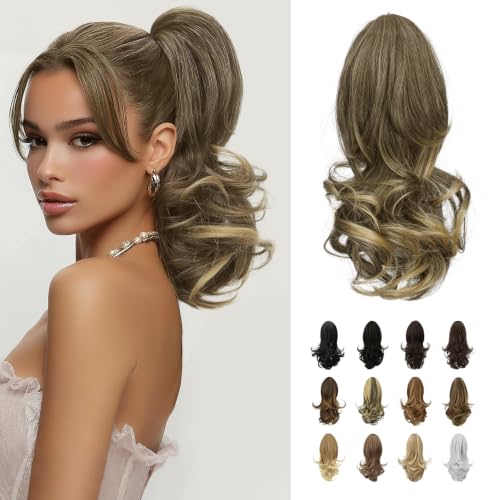 SOFEIYAN 13 Inch Curly Ponytail Extension Clip-In Ash Brown to Blonde