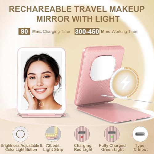 Mocado Travel Makeup Mirror with LED Light - Rose Gold, 10x Magnification