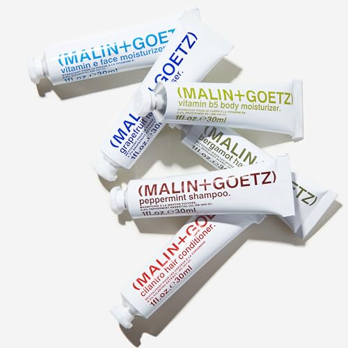 MALIN+GOETZ Best-Sellers Travel Kit | Six Everyday Essentials for Face, Body + Hair | Grapefruit Face Cleanser, Vitamin E Face Moisturizer, Peppermint Shampoo + More | Vegan, Travel-Friendly(6 x 1 oz)