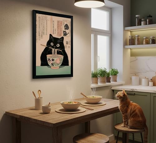 Framed Black Cat Canvas Wall Art - Whimsical Ramen Painting 10x8in
