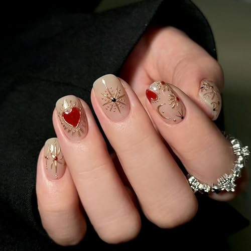 KASOICRA Style ET18 Short Square Heart Star Nail Set - Nude Fake Press On Nails for Women Menicure