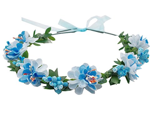 Flower Headband Crown for Wedding & Festival - Adjustable Ribbon, Blue
