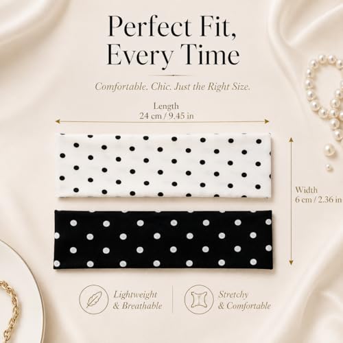 2 Pack Wide Black White Polka Dot Headband for Women