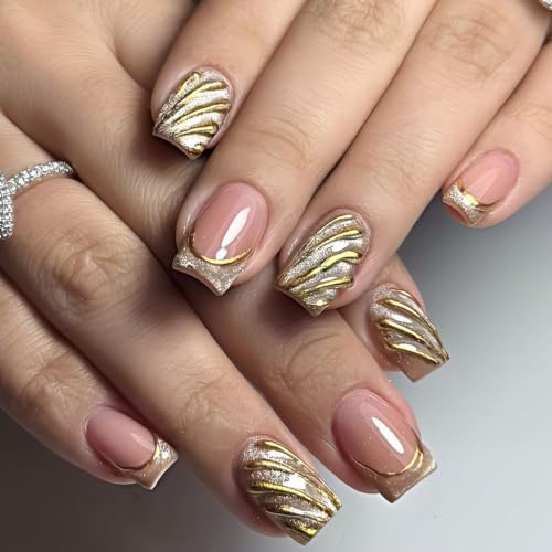 Lukmexor Short Square Gold Glitter French Press On Nails with Gold Line - Variation 10