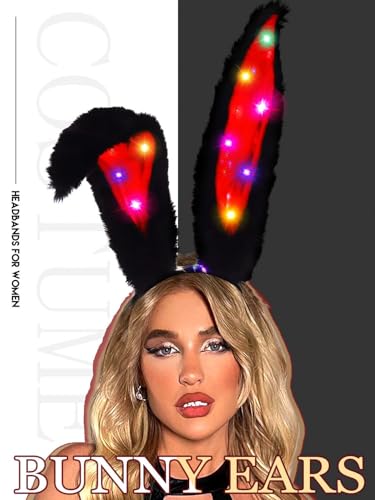 Aceorna Light Up Bunny Ears Headband - Black/Red LED Glow Hair Hoop for Women