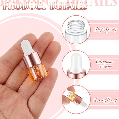 12-Pack 1ml Mini Glass Dropper Bottles with Rose Gold Cap for Essential Oils