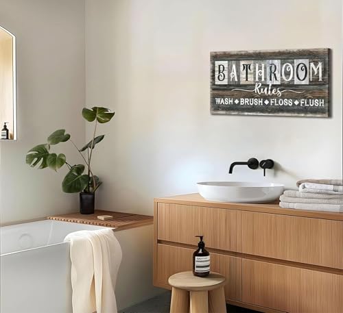 Bathroom Rules Canvas Wall Art - Rustic 8x16in Framed Decor
