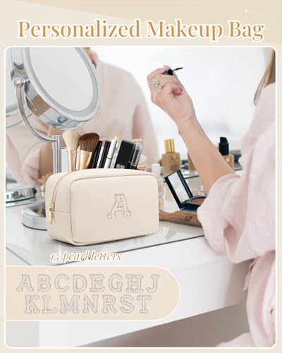 VLANDO Travel Makeup Bag with Pearl Monogram Patch - Beige S (White-S Variant)