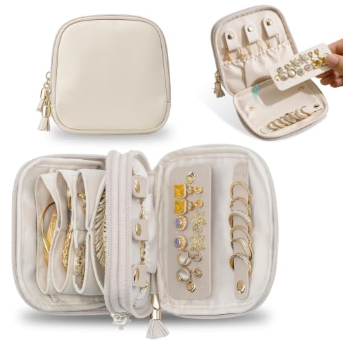 Travel Jewelry Case - 2-Layer Organizer for Rings, Earrings & Necklaces - Cream White