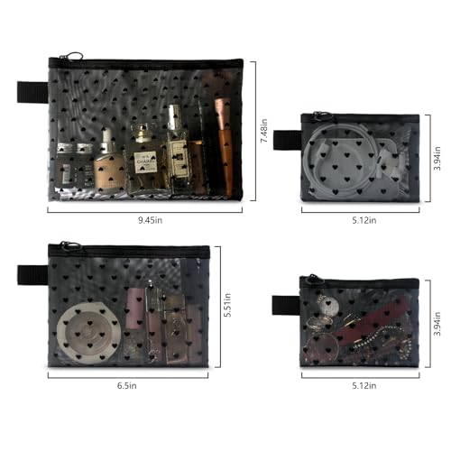 TRAKWAN 4-Piece Heart Mesh Makeup & Toiletry Bag Set - Black Travel Organizer