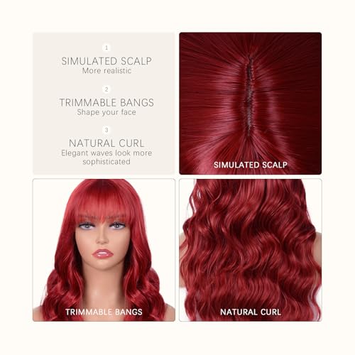 28-Inch Red Curly Wig with Bangs - Heat-Resistant Synthetic Hair for Cosplay & Daily Wear