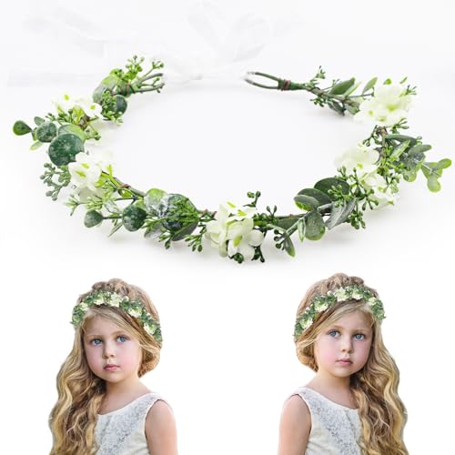 MEMOVAN White Bridal Green Leaf Flower Crown Adjustable Boho Headpiece