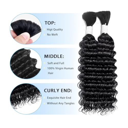 Human Braiding Hair for Boho Braids 100g 28 Inch Deep Wave Bulk Human Hair 100% Unprocessed 12A Brazilian Virgin Boho Hair for Braiding Knotless 2 Bundles/Pack Natural Color