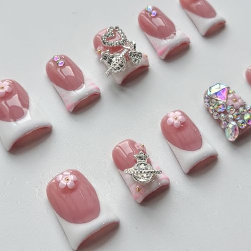 Luxury Medium Almond Press on Nails - French Tip with Flower & Rhinestones