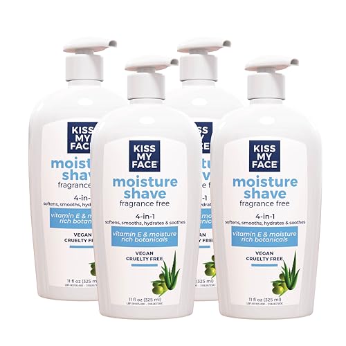 Kiss My Face Moisture Shave Cream, Fragrance Free Shaving Cream for Men and Women, 11 oz Pump Bottle, Pack of 4 (Packaging May Vary)
