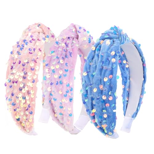 Brimekichio 3-Pack Sequin Knotted Headbands for Girls - Sparkly Hair Accessor