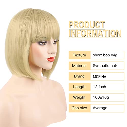 MOSINA 12 Inch Blonde Bob Wig with Bangs - Short Straight Synthetic Hair for Women