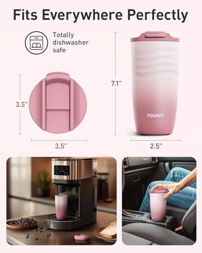 TOURIT 16 oz Insulated Travel Coffee Mug - Stainless Steel & Leakproof