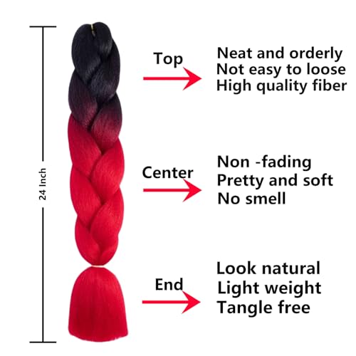 FYRLNA 6 Pack 24 Inch Jumbo Braiding Hair - Black to Red/Orange/Yellow/Green/Royal Blue