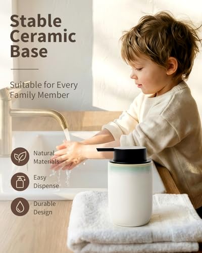 BosilunLife White Ceramic Foam Soap Dispenser with Blue-Green Rim - 1 Pack