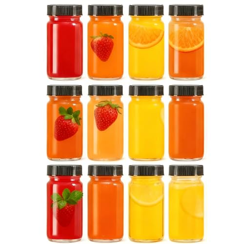 12 Pack 2 oz Glass Shot Bottles with Leak-Proof Lids - Reusable & Dishwasher Safe