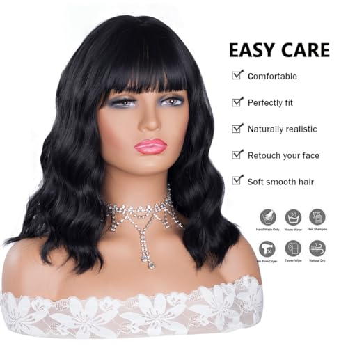 ITTAYLER Short Black Wavy Bob Wig with Bangs - Synthetic Curly 14 Inch Cosplay & Halloween Style