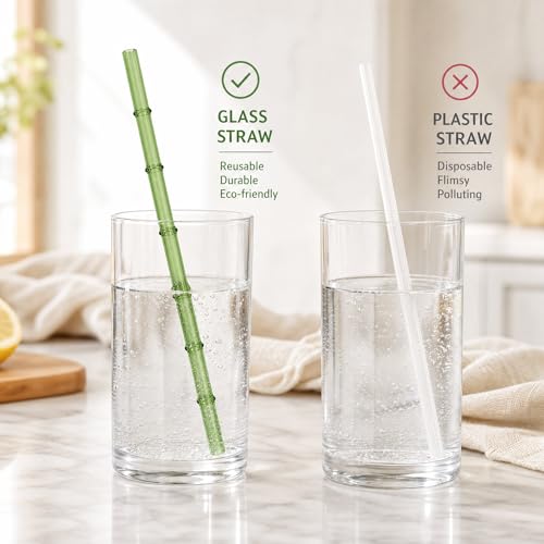 Bamboo Glass Straws Set - 4 Reusable Borosilicate Straws with Cleaning Brush