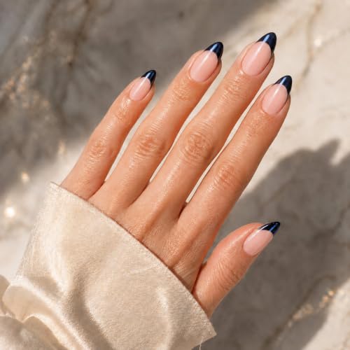 BMKPMTR Short Almond Press On Nails Navy Chrome French Tip Set - Nude Pink & Navy Variation, 30 pcs