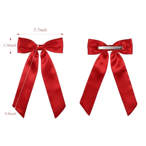 WantGor Satin Long Tail Bow Hair Clips for Women - Red
