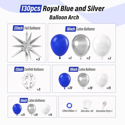 FOTIOMRG Royal Blue & Silver Balloon Arch Kit - 131pcs for Parties