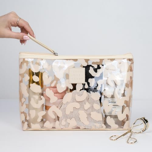 Tender Love + Carry Medium Beige Leopard Holdall – Water-Resistant Clear Toiletry Travel Bag