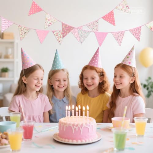39ft Pink Floral Triangle Bunting Banner - Reusable Cotton Flags for Parties