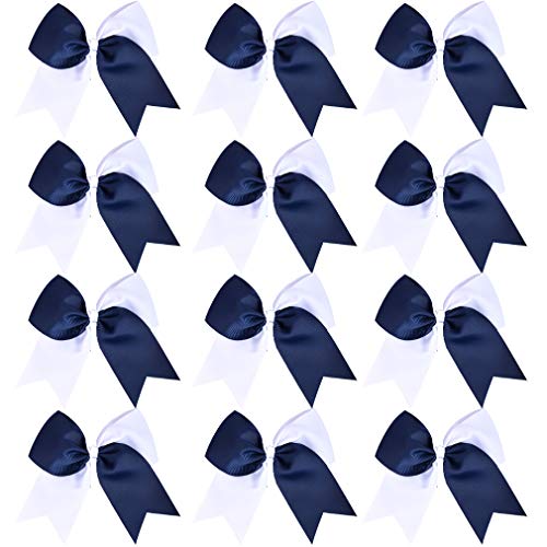 12 Pack 8-Inch Two-Toned Navy Blue and White Cheer Hair Bows for Teen Girls - Hair Ties Included
